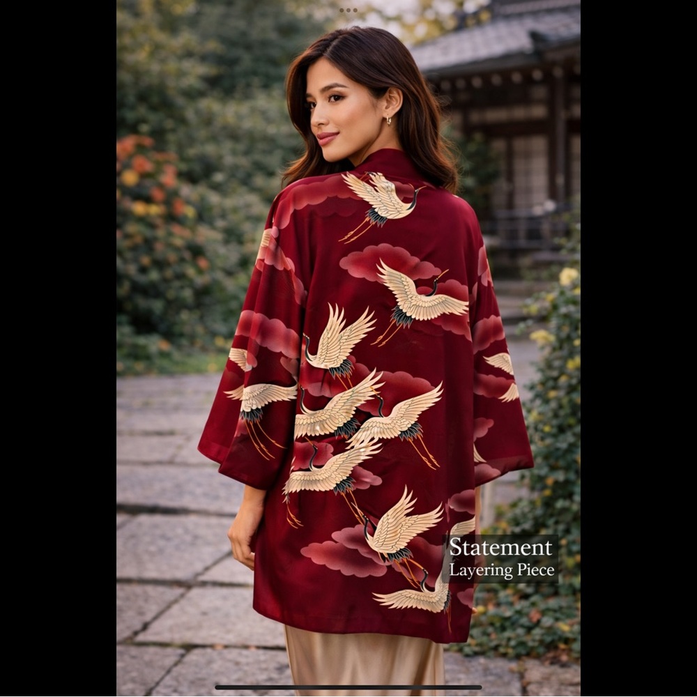 Moruku Japan Crane Kimono Raspberry Red Silk Look Robe Festival Duster